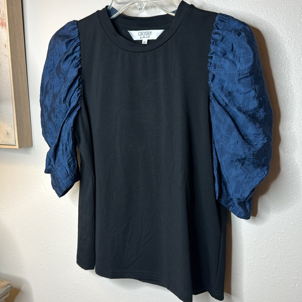 CROSBY by Mollie Burch Black and Blue Ruffled Puff Sleeve Blouse - Picture 3 of 14